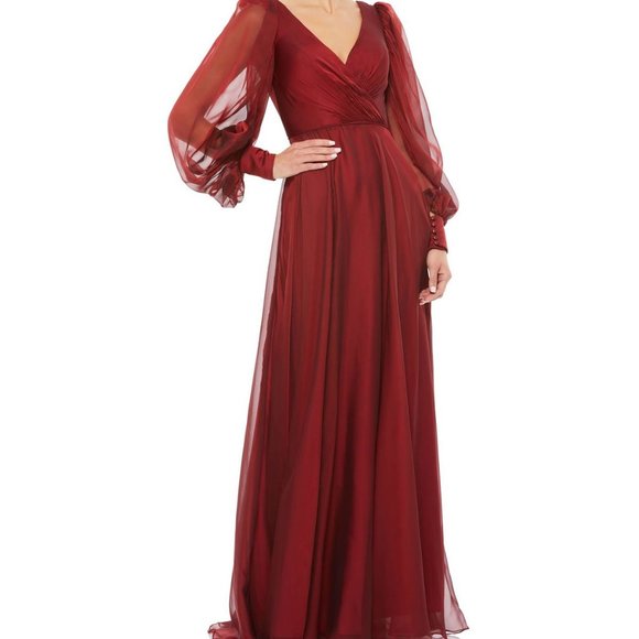 NWOT MAC DUGGAL SHEER BLOUSON SLEEVE SURPLISE‎ GOWN RED 67873 - Picture 1 of 8